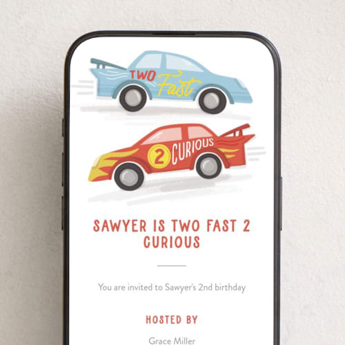 This is a racing red online birthday invitations by Jessie Steury called two fast printing on digital paper in standard