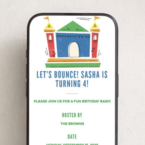 This is a primary online birthday invitations by Jessie Steury called let's bounce printing on digital paper in standard