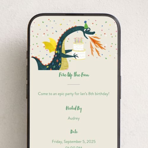 This is a vanilla online birthday invitations by Nadia Hassan called party dragon printing on digital paper in standard
