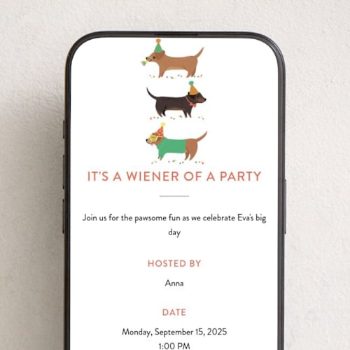 This is a bark online birthday invitations by Itsy Belle Studio called real wiener printing on digital paper in standard