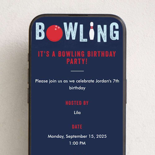 This is a blue slate online birthday invitations by Anupama called bowling birthday party printing on digital paper in standard
