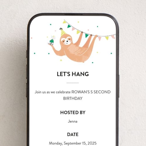 This is a emerald online birthday invitations by Melissa Egan of Pistols called party sloth printing on digital paper in standard