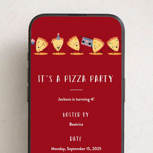 This is a tomato online birthday invitations by Katie Zimpel called it's a pizza party printing on digital paper in standard