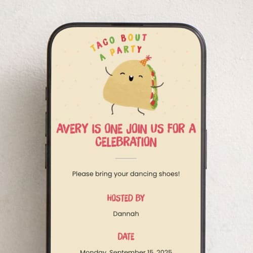 This is a tortilla online birthday invitations by Adelyn T. called taco bout a party printing on digital paper in standard