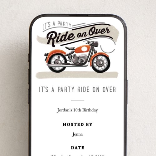 This is a sunset online birthday invitations by Rebecca Durflinger called birthday rider printing on digital paper in standard
