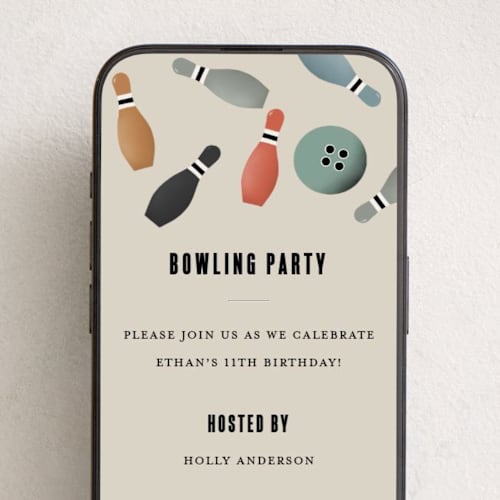 This is a vintage online birthday invitations by Maja Cunningham called bowling party printing on digital paper in standard