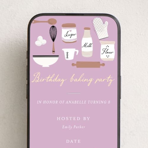 This is a lavender online birthday invitations by Maja Cunningham called baking party printing on digital paper in standard