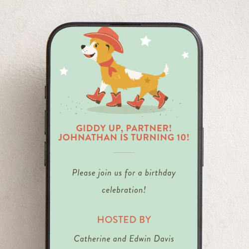 This is a turquoise online birthday invitations by Tennie and Co. called giddy up! printing on digital paper in standard