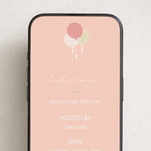 This is a blush online birthday invitations by Angela Thompson called glitter balloons printing on digital paper in standard
