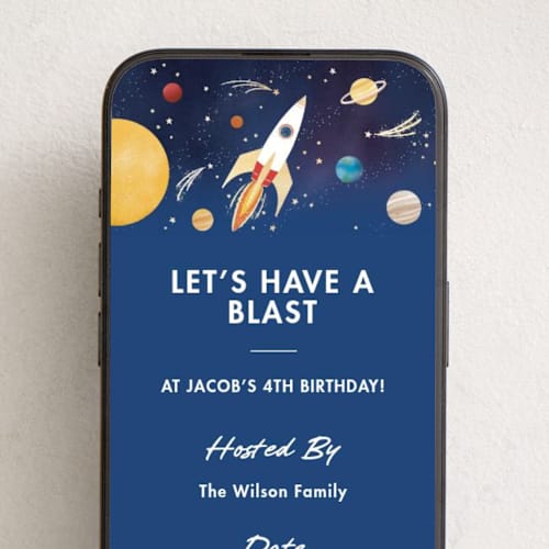 This is a navy online birthday invitations by Becky Nimoy called birthday blast printing on digital paper in standard