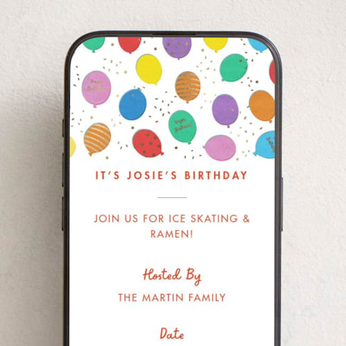 This is a cloud online birthday invitations by Becky Nimoy called floating balloons printing on digital paper in standard