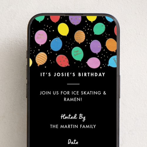 This is a onyx online birthday invitations by Becky Nimoy called floating balloons printing on digital paper in standard