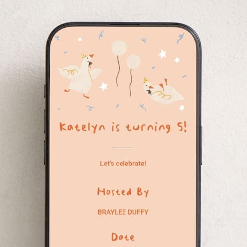 This is a blush online birthday invitations by Zove Ahhh called goose goose printing on digital paper in standard