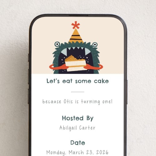 This is a teal online birthday invitations by JeAnna Casper called let's eat cake printing on digital paper in standard