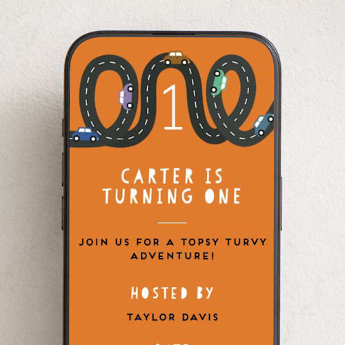 This is a persimmon online birthday invitations by Jennifer Lew called little racer printing on digital paper in standard