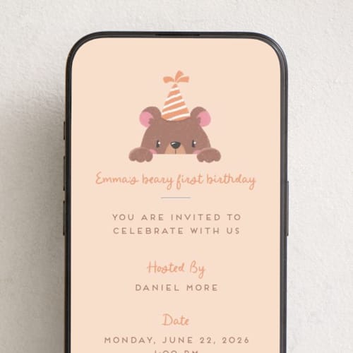 This is a creme online birthday invitations by ByDerowen called peeking bear printing on digital paper in standard