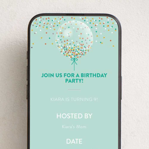 This is a mint online birthday invitations by Kelly Williams called confetti balloon printing on digital paper in standard