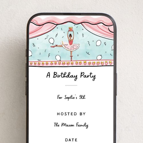 This is a white online birthday invitations by Becky Nimoy called ballerina on stage printing on digital paper in standard