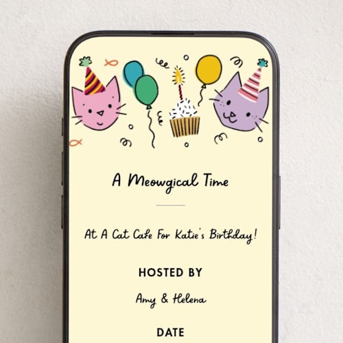 This is a butter online birthday invitations by Becky Nimoy called meowgical cat party printing on digital paper in standard
