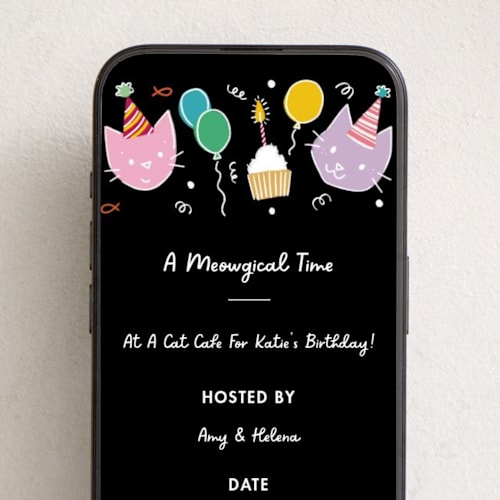 This is a black online birthday invitations by Becky Nimoy called meowgical cat party printing on digital paper in standard