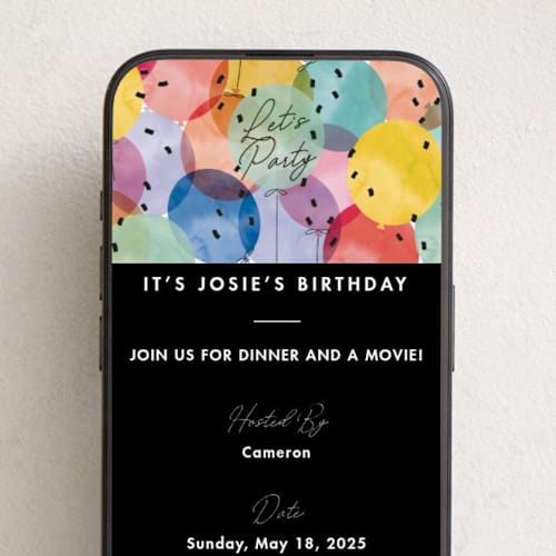 This is a noir online birthday invitations by Becky Nimoy called birthday balloons printing on digital paper in standard