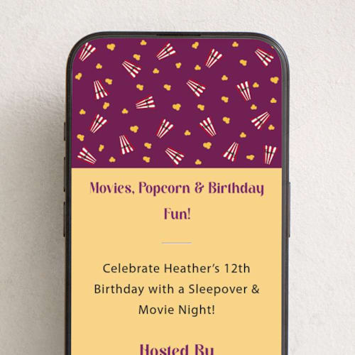 This is a plum online birthday invitations by Sharon Beau Designs called popcorn & movies printing on digital paper in standard