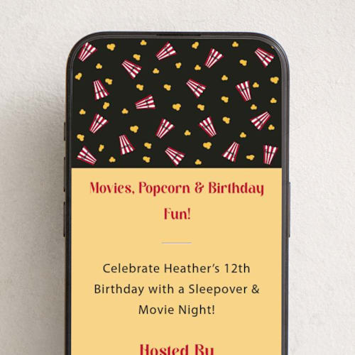 This is a noir online birthday invitations by Sharon Beau Designs called popcorn & movies printing on digital paper in standard