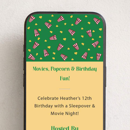 This is a forest online birthday invitations by Sharon Beau Designs called popcorn & movies printing on digital paper in standard