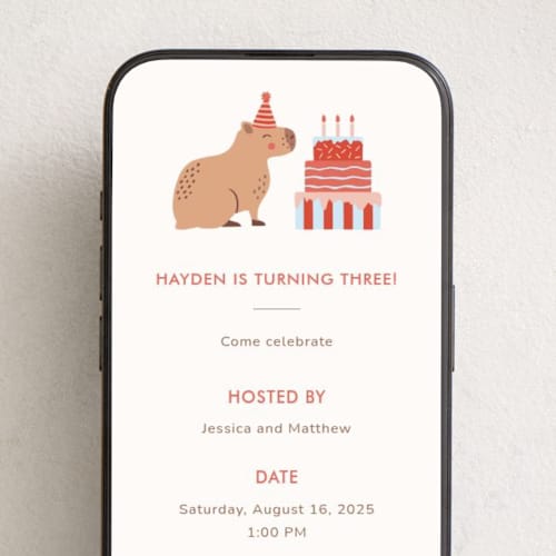 This is a tomato online birthday invitations by Ester Bernaldo de Quiros called capybara birthday printing on digital paper in standard