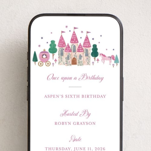 This is a strawberry online birthday invitations by Sarah Knight called once upon a birthday printing on digital paper in standard