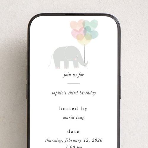 This is a blush online birthday invitations by Lori Wemple called elephant party printing on digital paper in standard