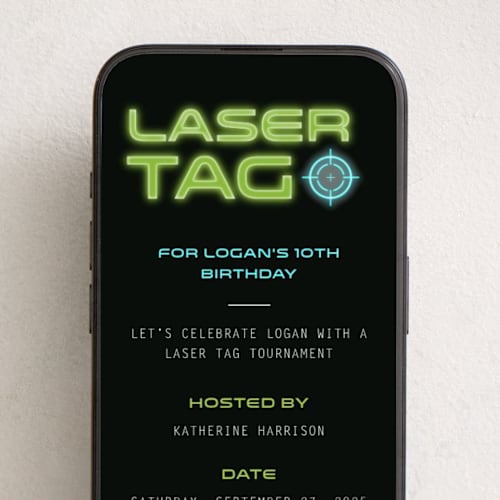 This is a galaxy online birthday invitations by Stacy Maalouf called laser tag party invitation printing on digital paper in standard