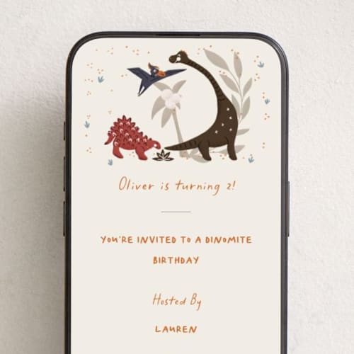 This is a mango online birthday invitations by Gwen Bedat called dinomite birthday printing on digital paper in standard