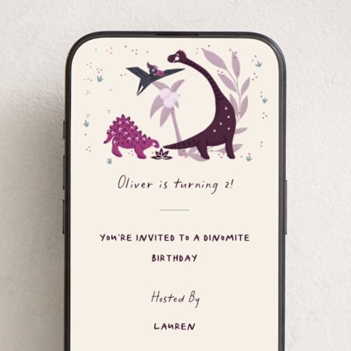This is a lilac online birthday invitations by Gwen Bedat called dinomite birthday printing on digital paper in standard