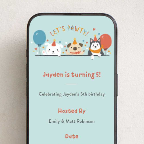 This is a sky blue online birthday invitations by Shannon Chen of Four Wet Feet Studio called let's pawty printing on digital paper in standard