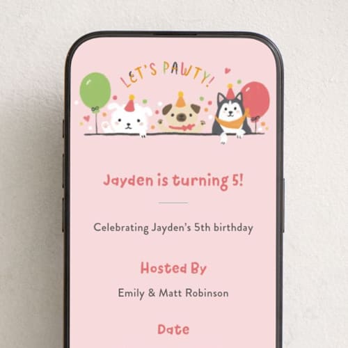 This is a blush pink online birthday invitations by Shannon Chen of Four Wet Feet Studio called let's pawty printing on digital paper in standard