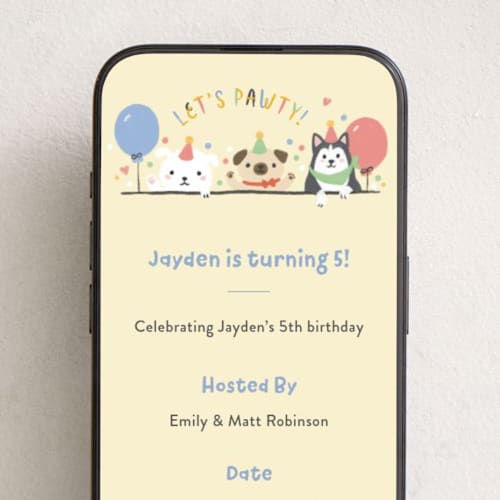 This is a sunshine online birthday invitations by Shannon Chen of Four Wet Feet Studio called let's pawty printing on digital paper in standard