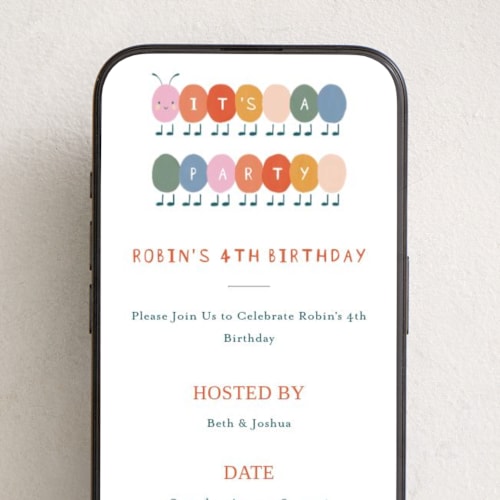 This is a bubblegum online birthday invitations by Elif Sahin called caterpillar printing on digital paper in standard