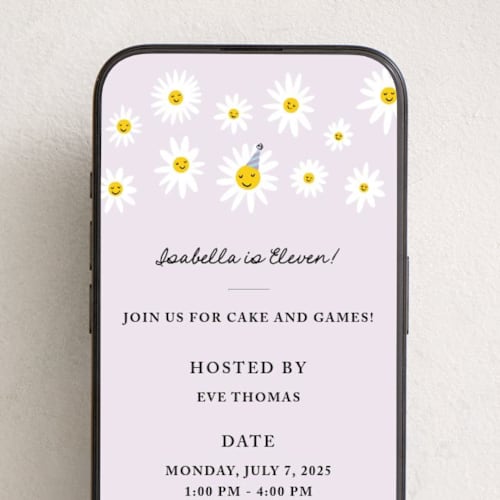 This is a lilac online birthday invitations by mo kelley called happy daisies printing on digital paper in standard