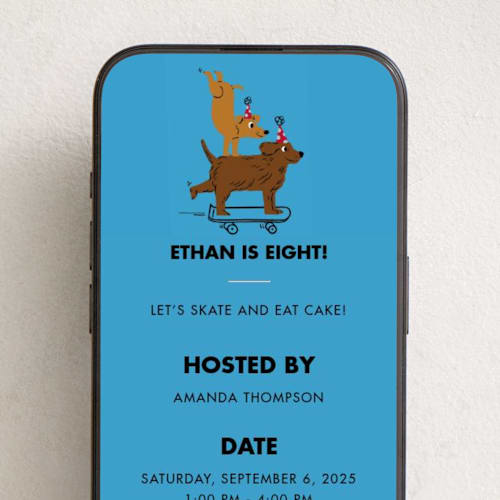 This is a blue skies online birthday invitations by mo kelley called skate dogs printing on digital paper in standard