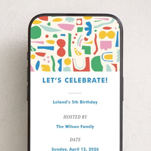 This is a clay online birthday invitations by Ampersand Design Studio called let's celebrate shapes printing on digital paper in standard