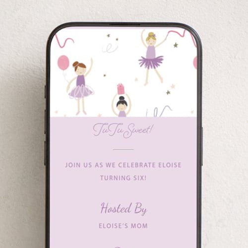 This is a plum online birthday invitations by Elizabeth Bishop called little ballerinas printing on digital paper in standard