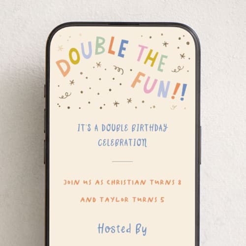 This is a rainbow online birthday invitations by Creo Study called double the fun printing on digital paper in standard