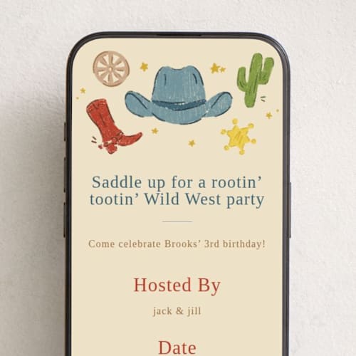 This is a tumbleweed online birthday invitations by Annie Montgomery called wild west printing on digital paper in standard
