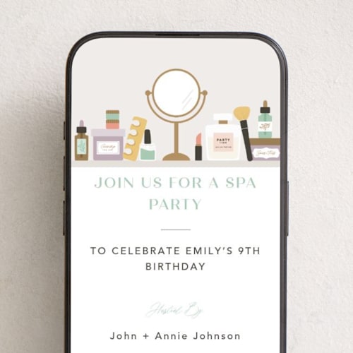 This is a sage online birthday invitations by Michelle Taylor called spa day party printing on digital paper in standard