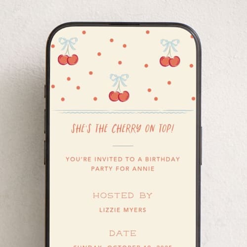 This is a cream online birthday invitations by Robert and Stella called cherry on top! printing on digital paper in standard