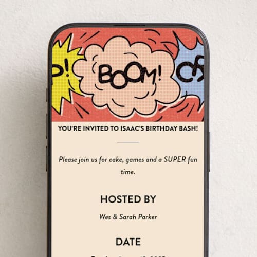 This is a fireball online birthday invitations by Meggy Masters called superhero strip printing on digital paper in standard