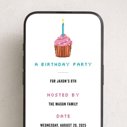 This is a cotton online birthday invitations by Becky Nimoy called 8 bit cupcake printing on digital paper in standard