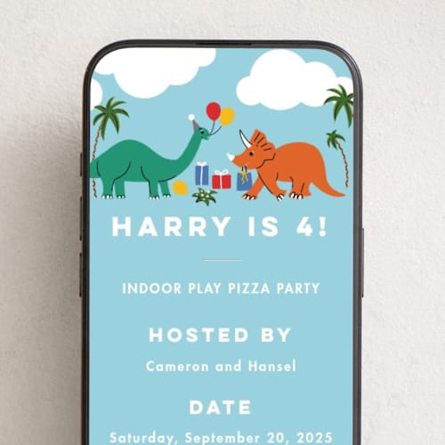 This is a sky blue online birthday invitations by Becky Nimoy called dinosaur printing on digital paper in standard