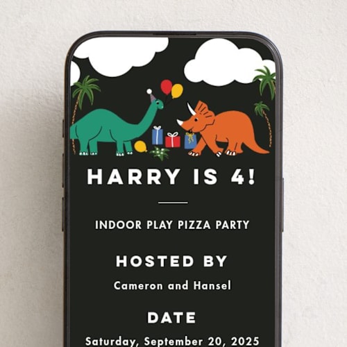 This is a noir online birthday invitations by Becky Nimoy called dinosaur printing on digital paper in standard